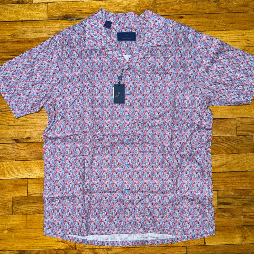 David Donahue Pineapple Print Linen Short Sleeve Shirt
